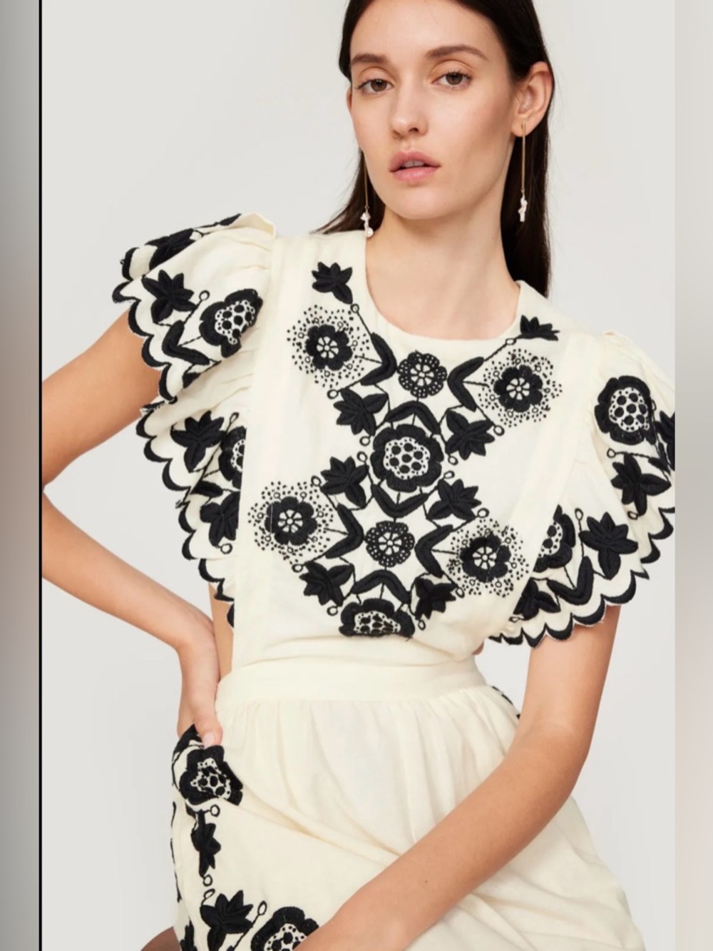 Sea New York Embroidered Midi Dress Ivory Black Floral Boho Dress - Picture 2 of 8